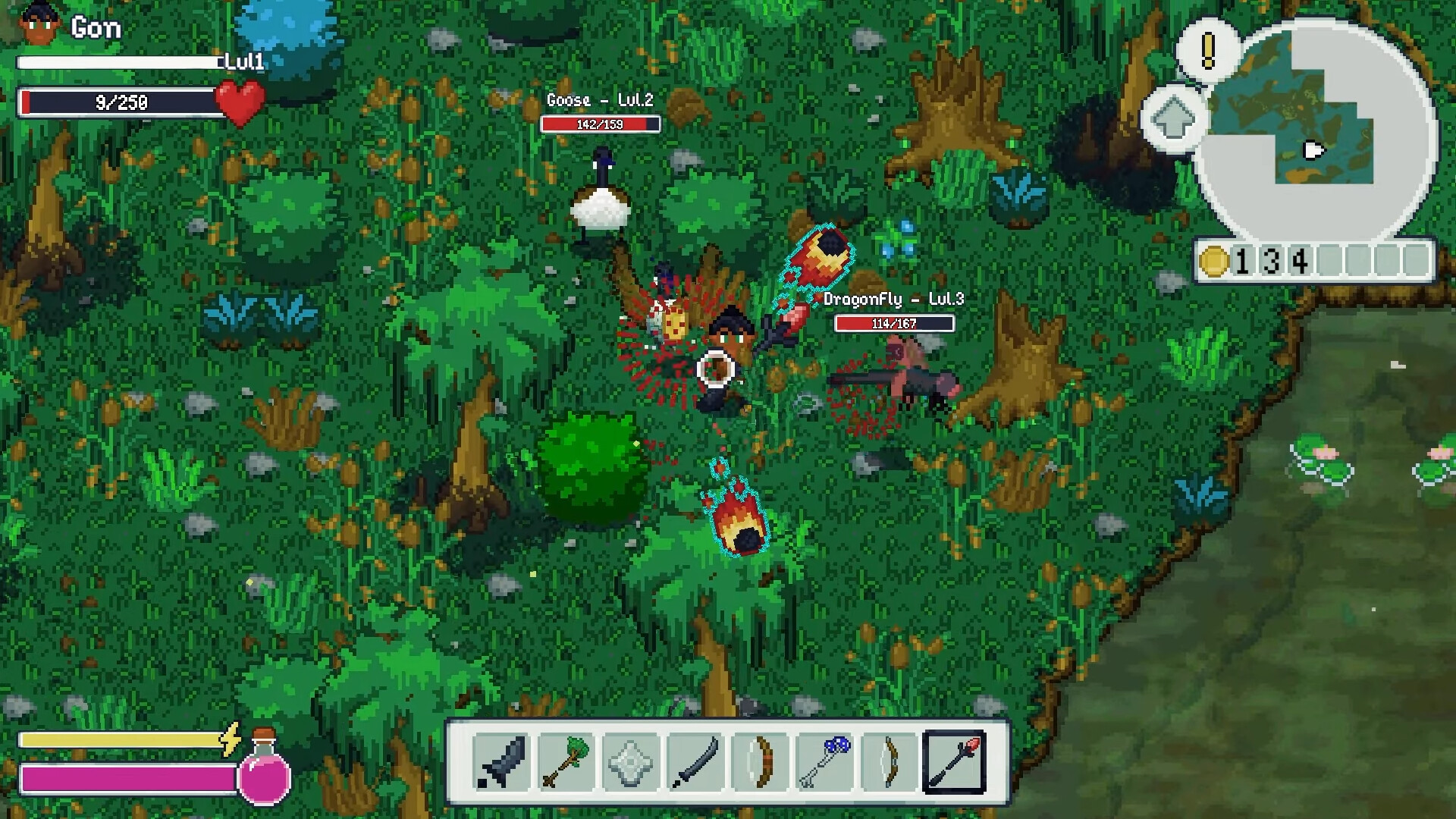 Wildaria - Oyuncu RPG'nin açık dünyasında bir yusufçuk ve kazla savaşıyor.