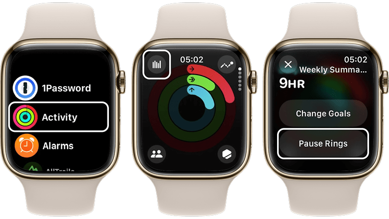Ekran görüntüleri, Apple Watch'taki etkinlik halkalarının nasıl duraklatılacağını gösteriyor