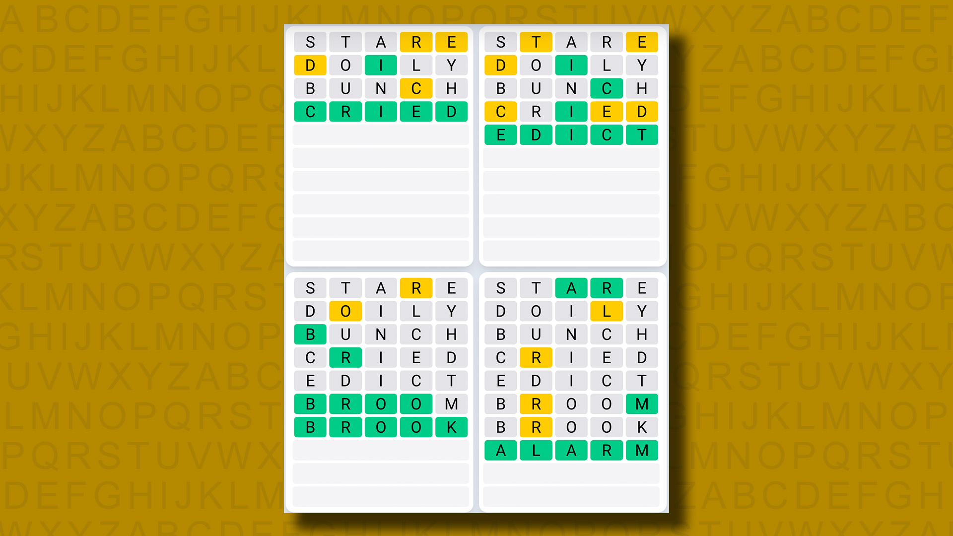 Quordle günlük dizi cevapları sarı bir arka planda 893. oyun için