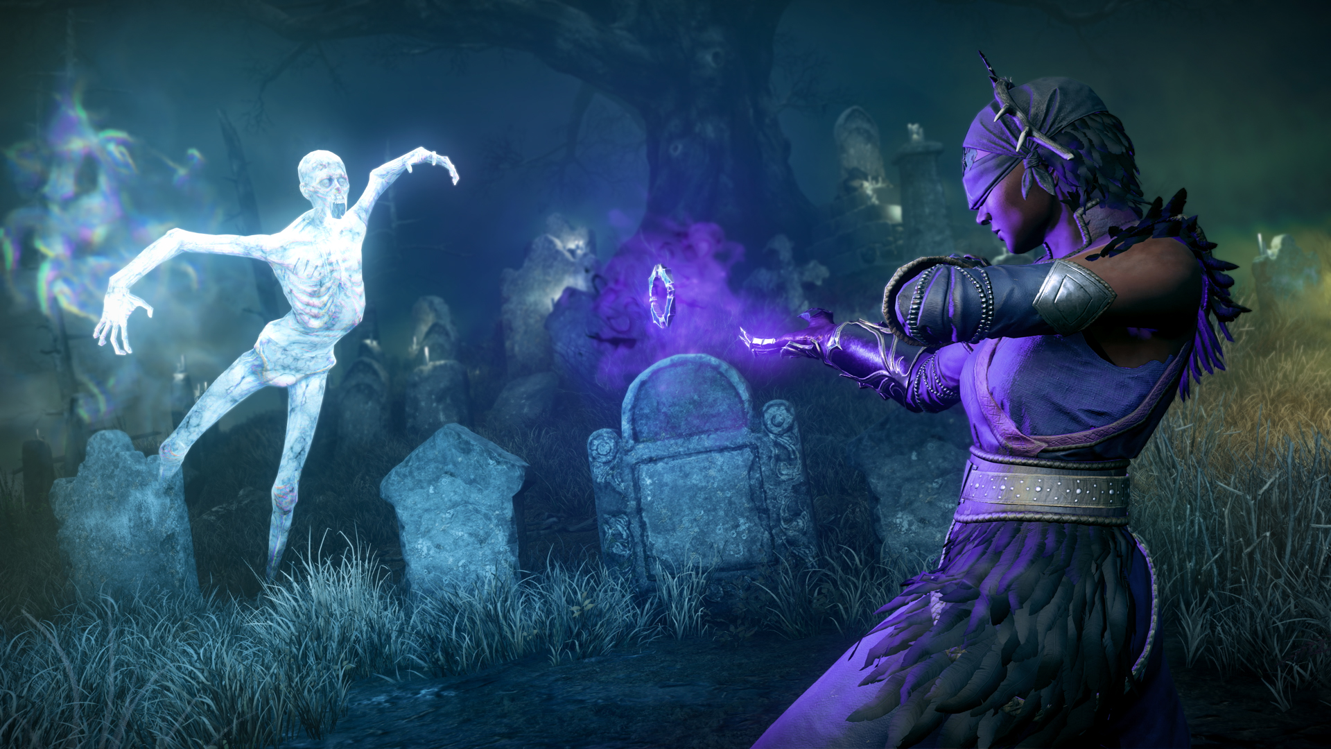 New World Aeternum, orta düzey bir MMO'yu harika bir RPG'ye dönüştürüyor: Gözleri bağlı bir cadı, bir ruh ona doğru uçarken mezarlık alanında ellerine mor enerji yayıyor 