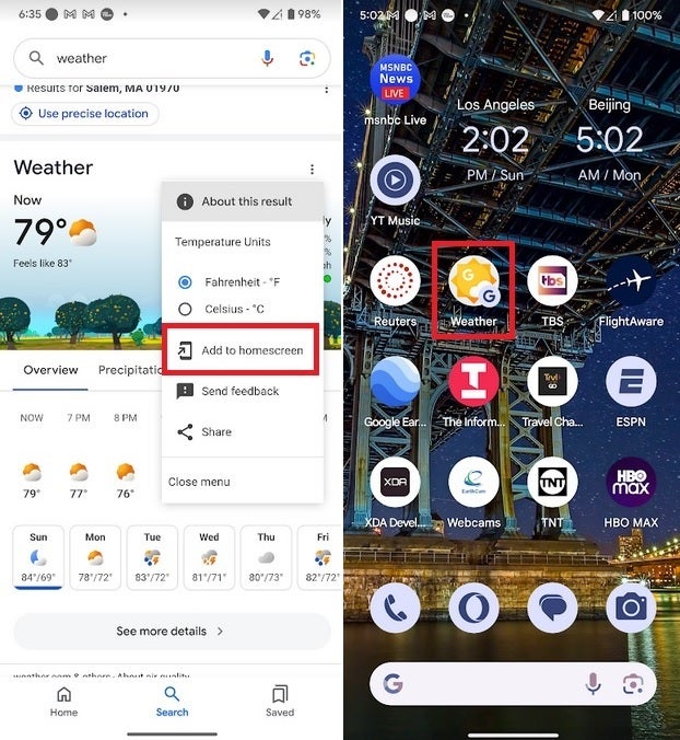 Solda, Google Hava Durumu kısayolunu ana ekranınıza nasıl ekleyeceğiniz; sağda kısayol görünüyor | Resim kredisi-PhoneArena - Google Hava Durumu on günlük hava durumu tahminini iyileştiriyor