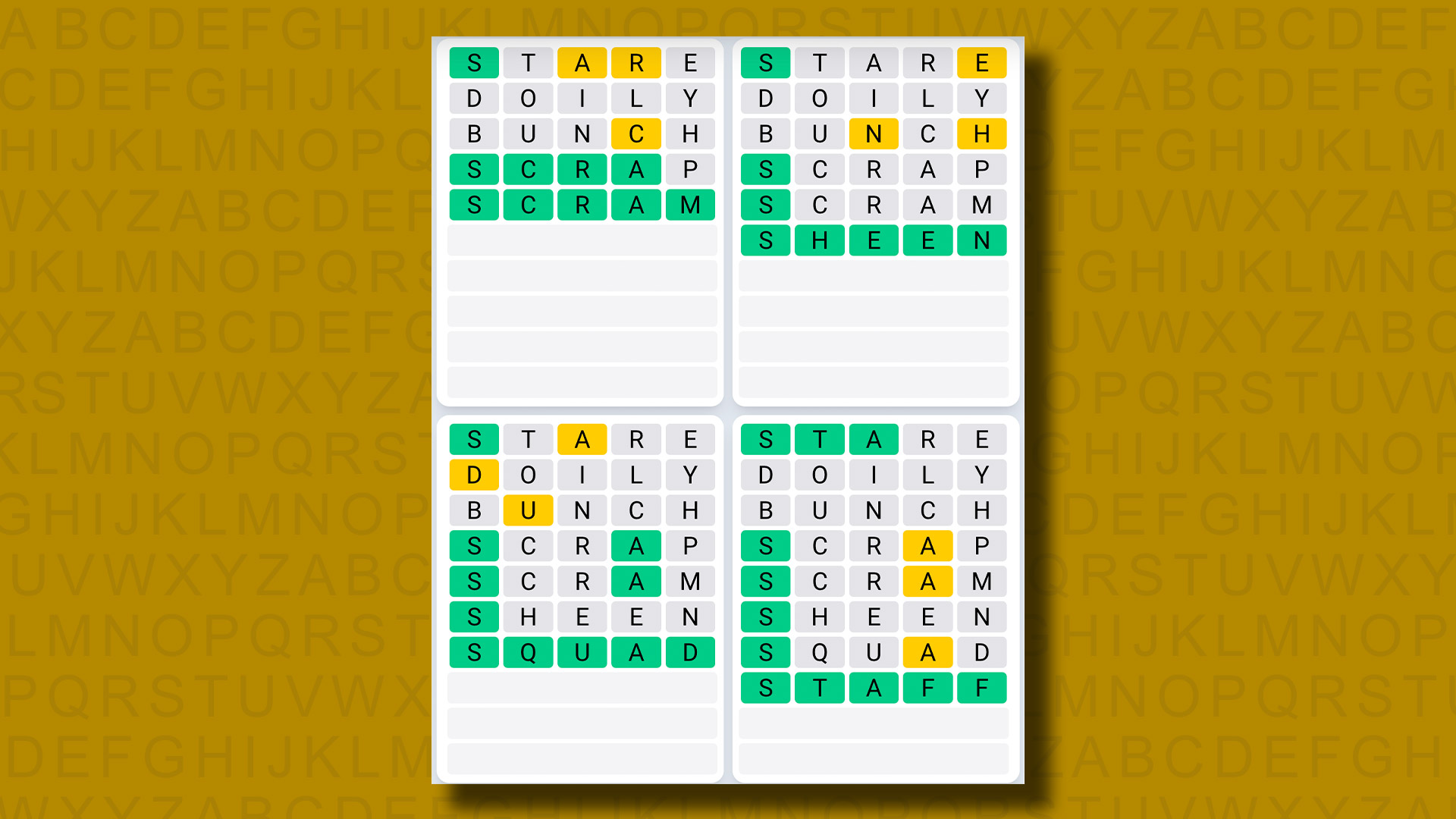 Quordle Günlük Dizisi sarı bir arka planda 897 numaralı oyun için cevaplar