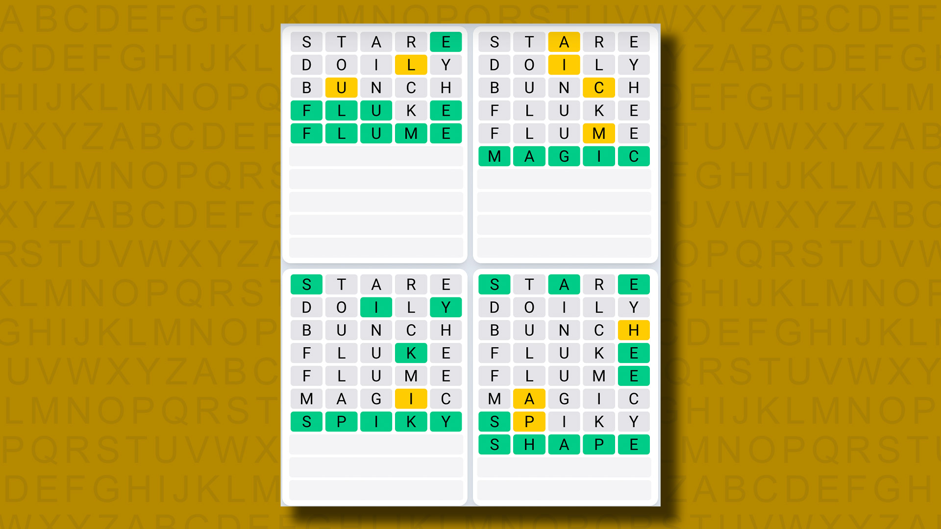 Quordle Günlük Dizisi sarı bir arka planda 898 numaralı oyun için cevaplar