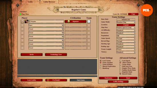 Age of Empires 2 hileleri: Hilelere İzin Ver seçeneği işaretliyken, bir sunucunun lobi görünümü