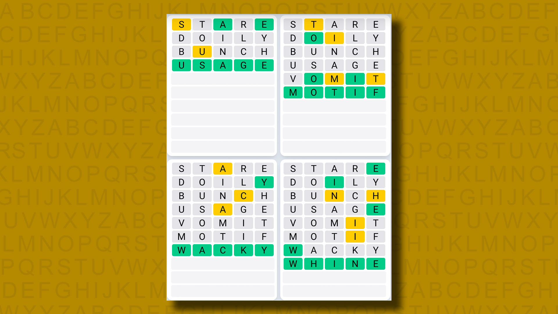 Quordle Günlük Dizisi sarı bir arka planda 899 numaralı oyun için cevapları