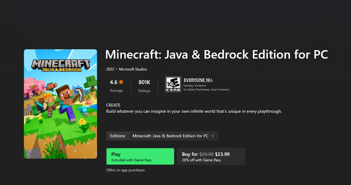 Minecraft'ı PC'de satın almak