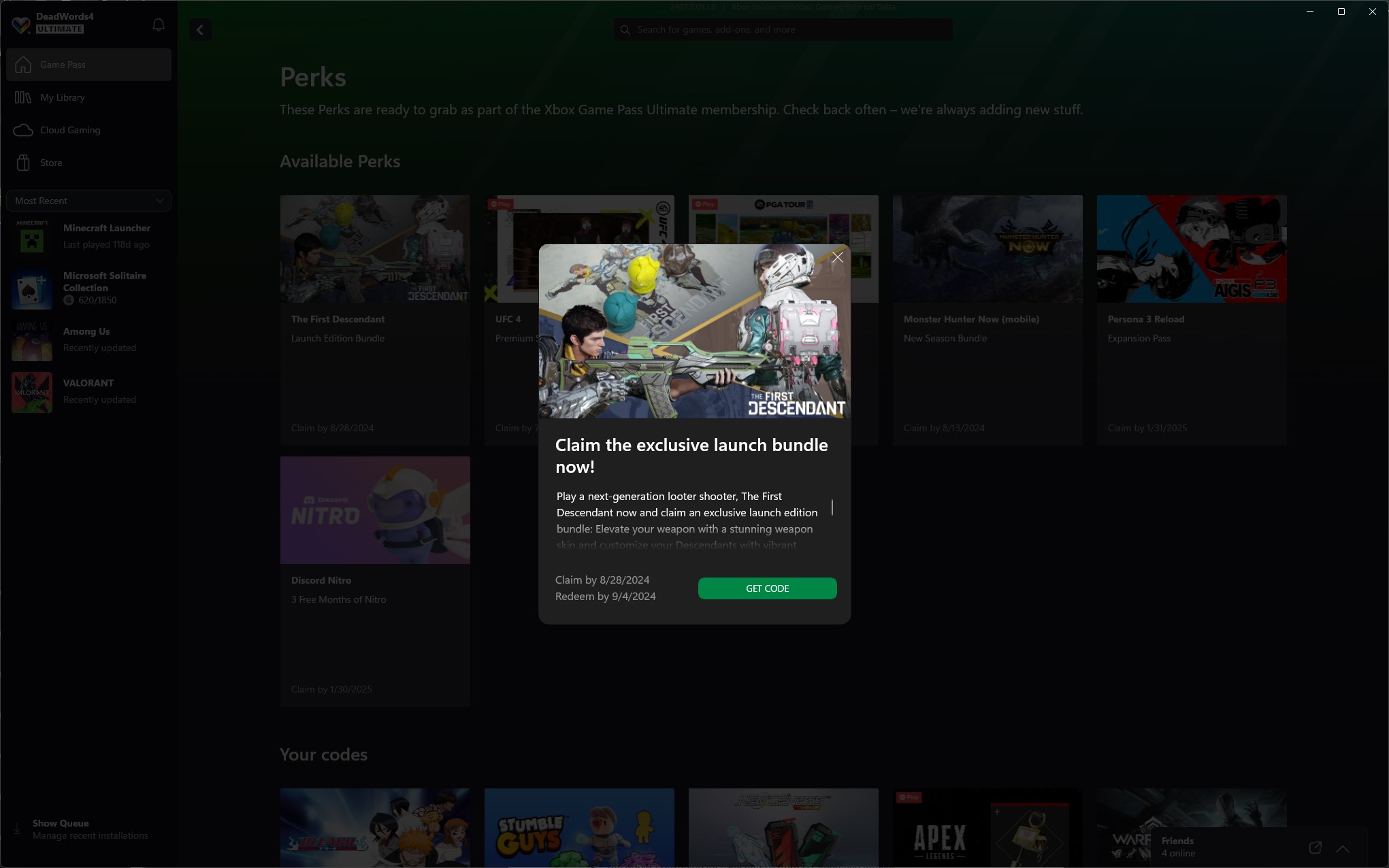 The First Descendant Xbox Game Pass Ultimate Perks'in ekran görüntüsü.
