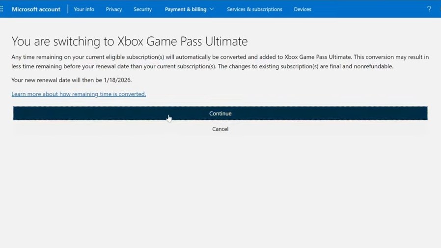 Game Pass Ultimate dönüştürme ekranı