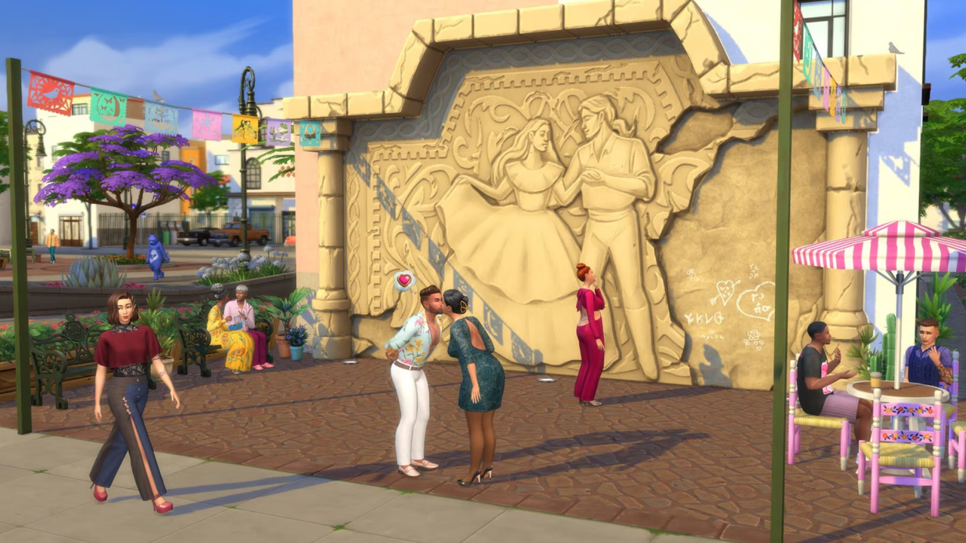 The Sims 4 Lovestruck - Dev bir taş duvar resmine sahip yeni şehir Ciudad Enamorada.