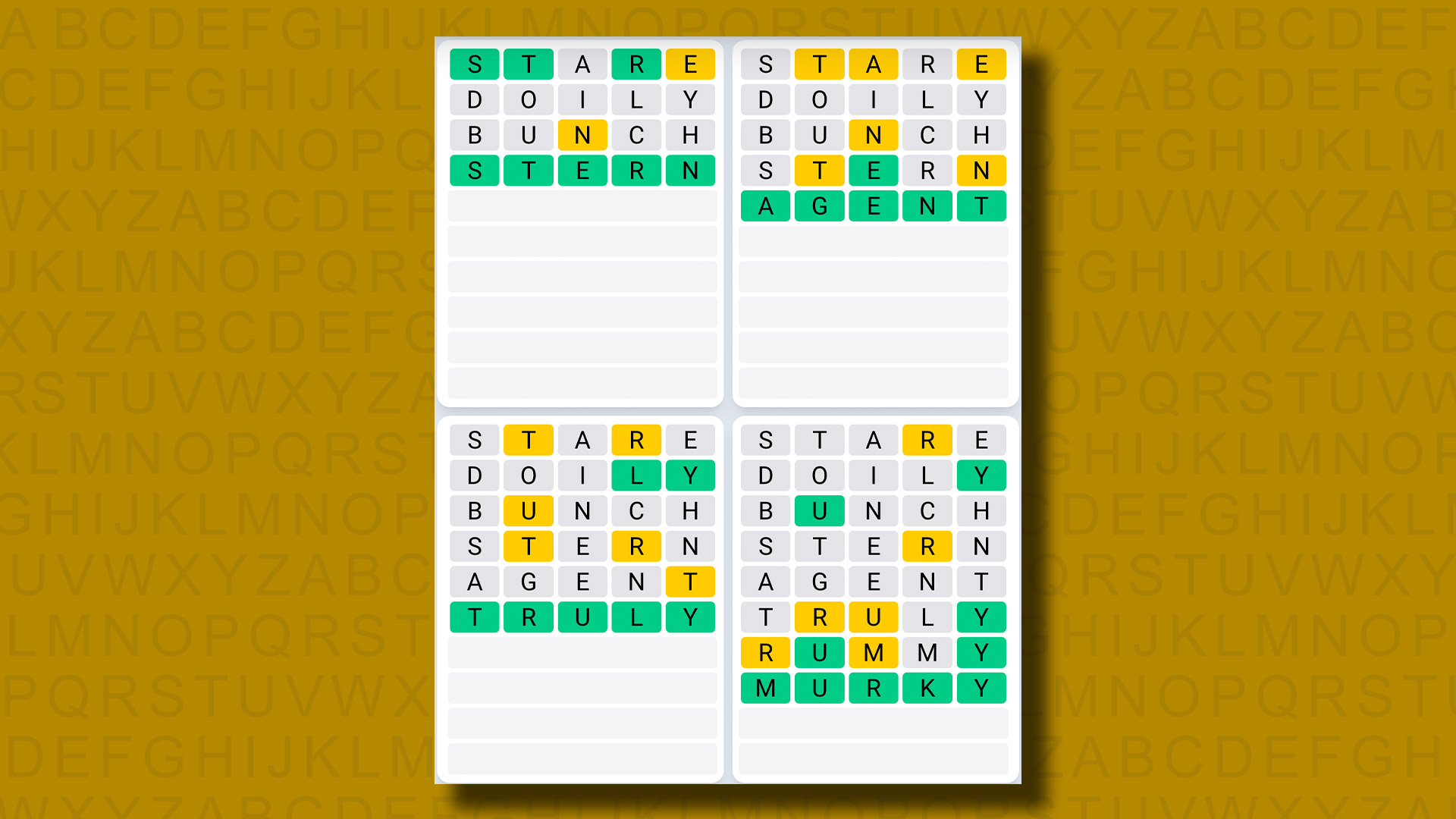 Quordle Günlük Dizisi sarı bir arka planda 907. oyun için cevapları