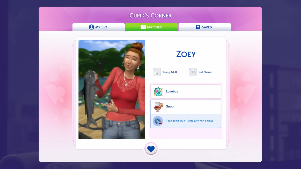 Zoey adlı bir kadının profilinin görüntülendiği Cupid's Corner arayüzü. Kadın garip bir şekilde bir balık tutuyor.