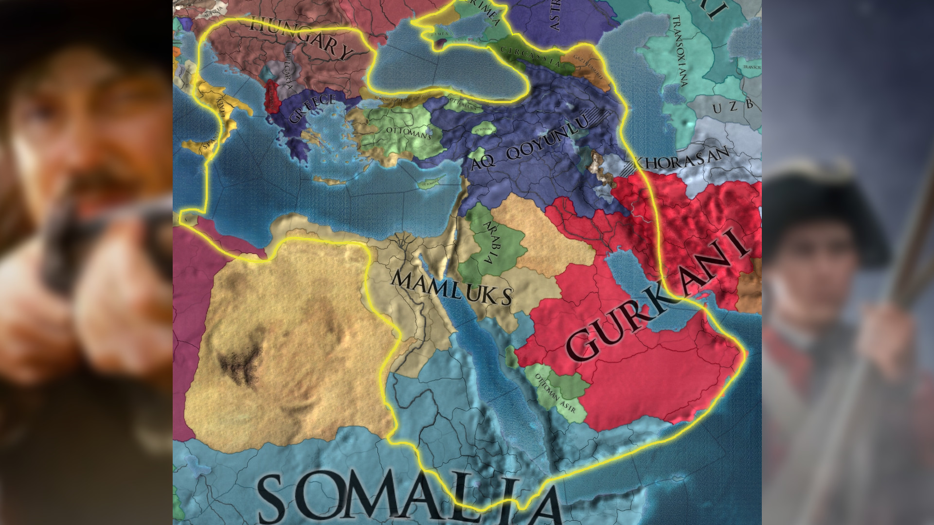 Europa Universalis 4 mod The Rise and Fall of Empires - Eskiden altın sınırlara kadar uzanan Osmanlı İmparatorluğu'nun çöküşünü gösteren bir harita.