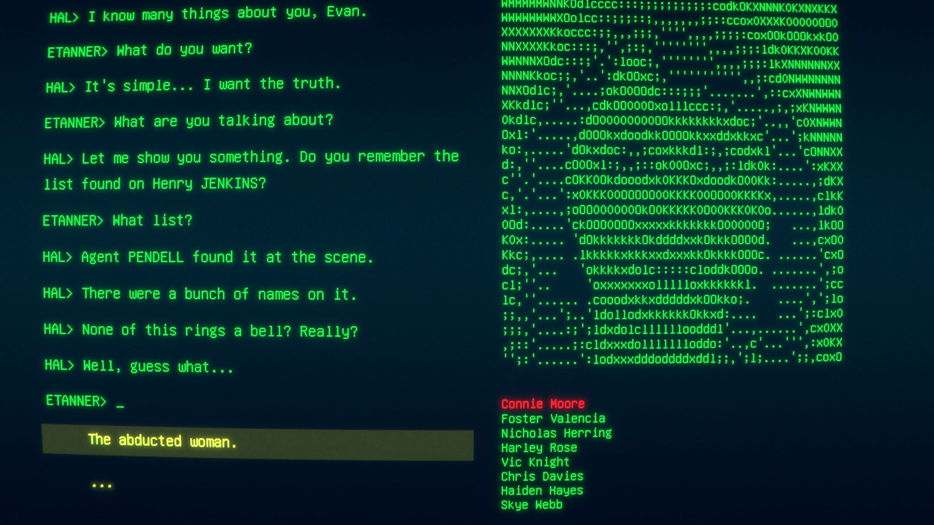 The Operator incelemesi: The Operator'dan alınan, yeşil yazıyla kaplı bir CRT ekranını, sağda bir kadının ASCII görüntüsünü ve solda bir hacker ile bir federal ajan arasındaki konuşmayı gösteren bir ekran görüntüsü.