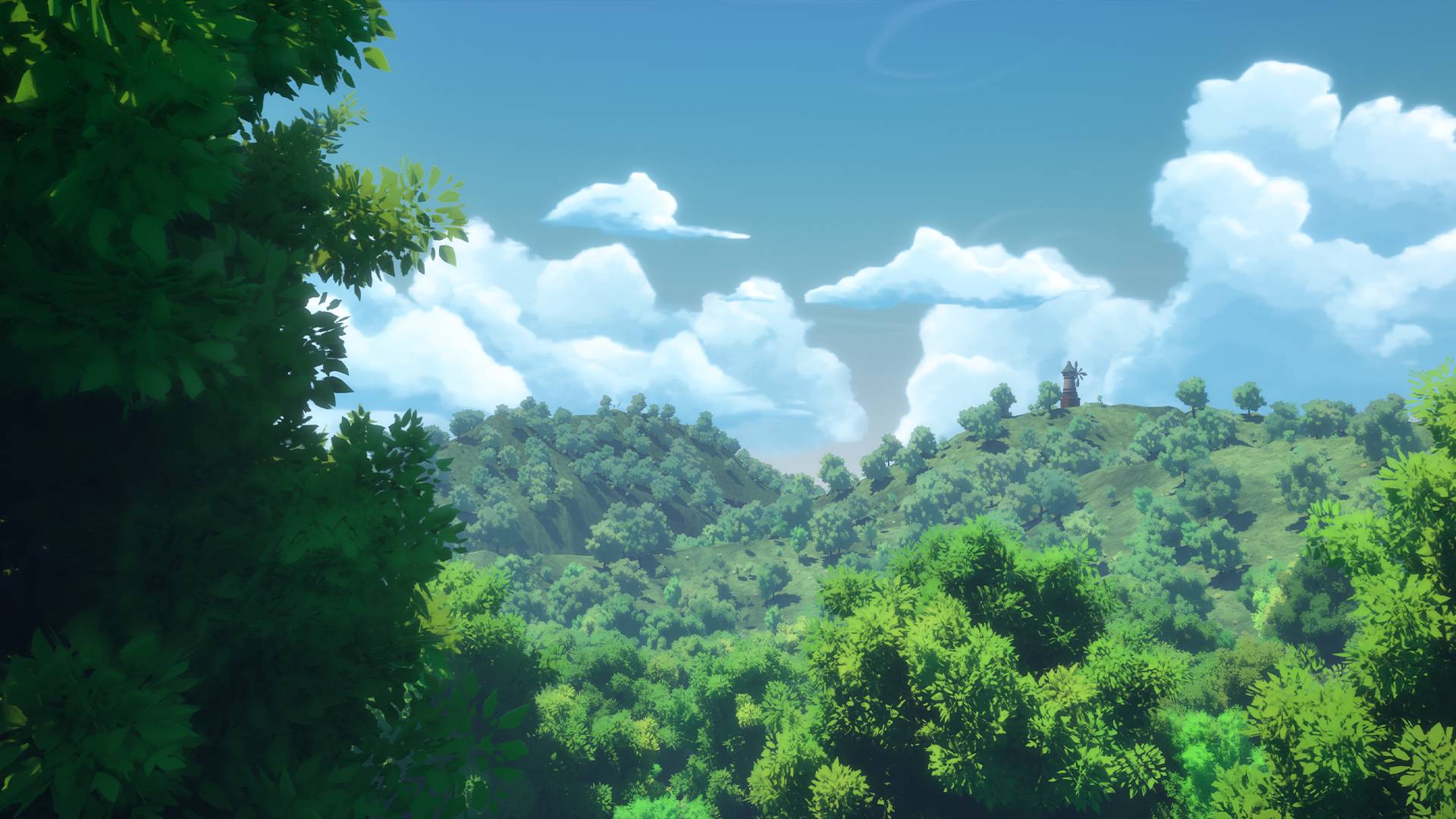 Güzel mavi gökyüzünün altında yemyeşil bir orman alanı
