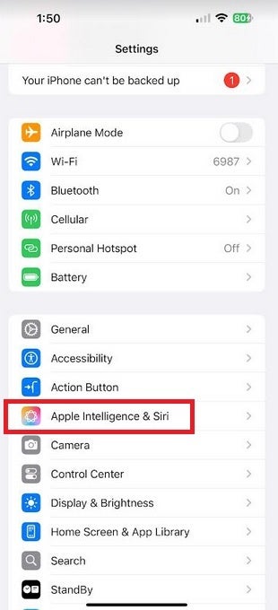 Apple, Ayarlar bölümüne yeni Apple Intelligence ve Siri sayfası ekledi. | Resim kredisi-PhoneArena - Apple, bazı iPhone kullanıcılarının Apple Intelligence Beta için bekleme listesine katılmasına olanak tanıyan güncellemeleri yayınladı