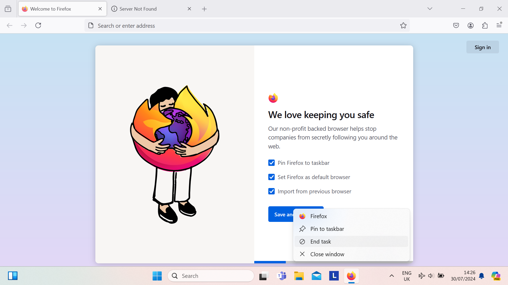 Açık bir Firefox penceresini ve görev çubuğundan yeni seçeneği gösteren sağ tıklama menüsünü gösteren bir ekran görüntüsü