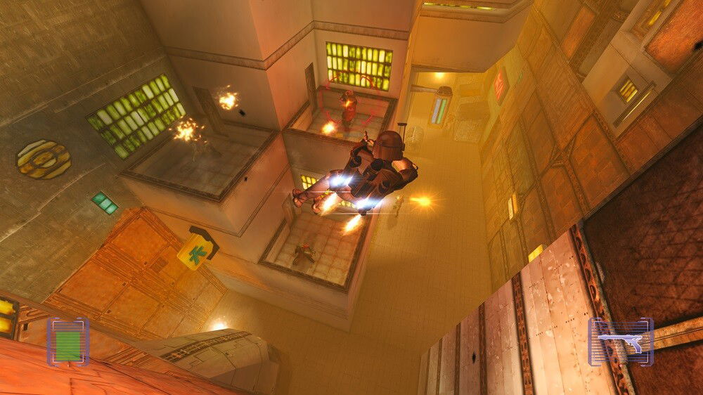 Jango Fett, Star Wars Bounty Hunter Remastered'da çatılarda tuttuğu haydutları vuruyor.