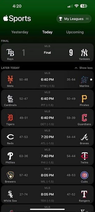 Pazartesi günkü MLB skorbordunu gösteren Apple Sports uygulaması. | Resim kredisi-PhoneArena - Apple Sports skorbord uygulaması bir güncelleme alıyor