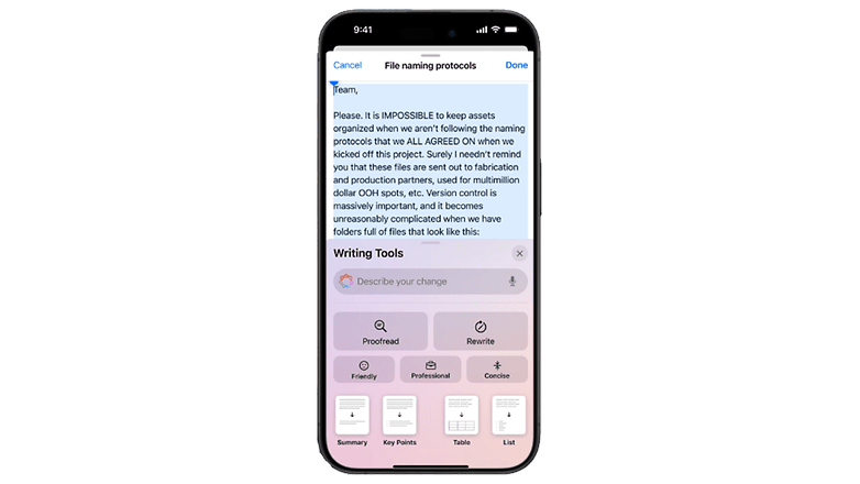 Ekran görüntüsü, iOS 18.1 beta sürümünde Apple'ın Yazma Araçlarını gösteriyor
