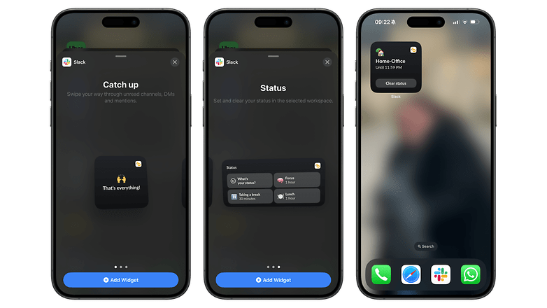 Ekran görüntüleri iPhone'daki Slack widget'larını gösteriyor