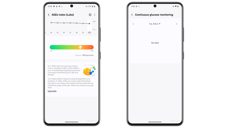 Samsung Health uygulamasındaki AGEs endeksinin sızdırılmış ekran görüntüleri
