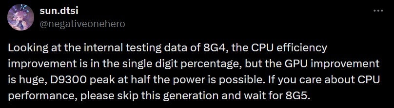 Sızıntı yapan kişi, yaklaşan Snapdragon 8 Gen 4 AP'nin olası güçlü ve zayıf yönlerini ortaya koyuyor. | Görsel kredisi-@negativeonehero - Galaxy S25 Ultra çipi, CPU performansına değil GPU enerji verimliliğine odaklanıyor