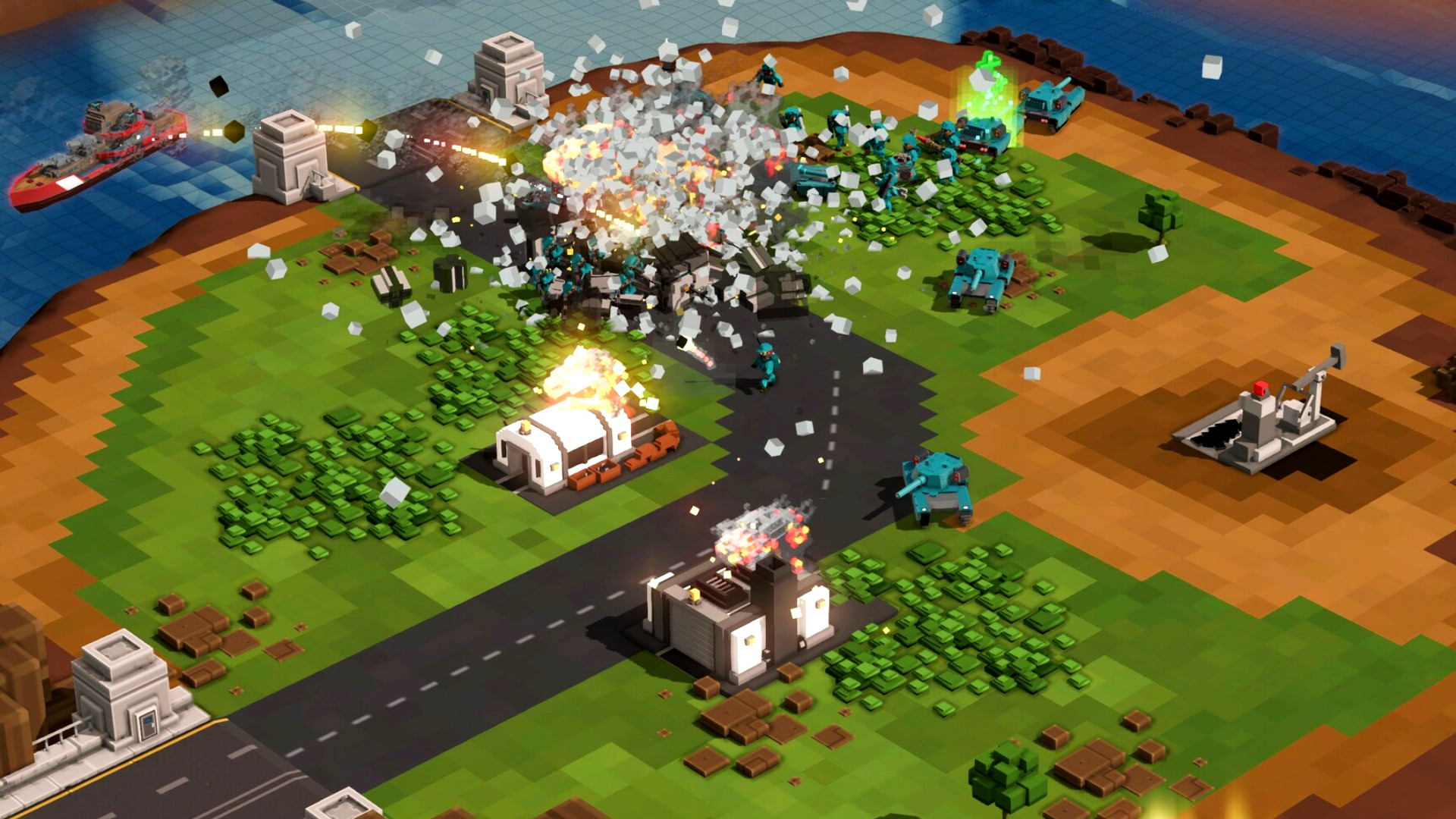9-Bit Armies - Bu voxel RTS oyununda bir gemi açık denizden binaları bombalıyor.