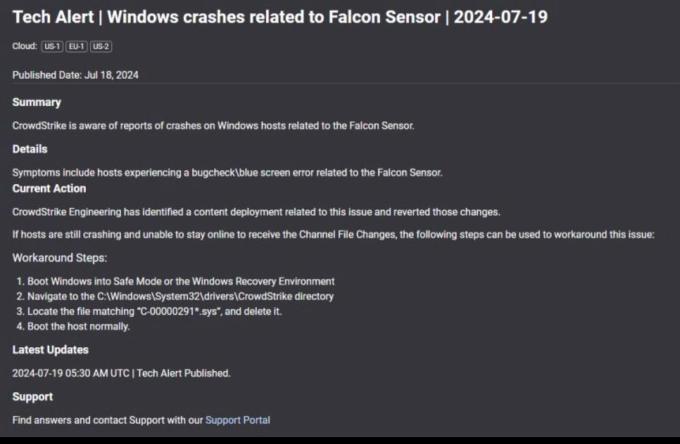 19 Temmuz'daki Falcon Sensörü sorunuyla ilgili bilgileri gösteren bir ekran görüntüsü.