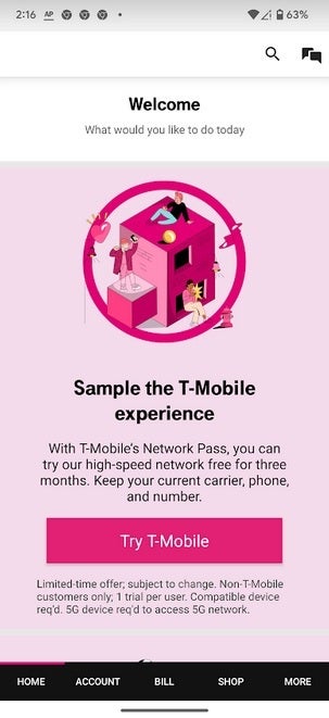 Operatörün uygulamasındaki Network Pass ile 3 ay ücretsiz sınırsız T-Mobile hizmetini yasal olarak alabilirsiniz. | Resim kredisi-PhoneArena - Potansiyel T-Mobile müşterisi "test sürüşü" ücretsiz hizmet bir şirket temsilcisi tarafından yalan olarak gösteriliyor