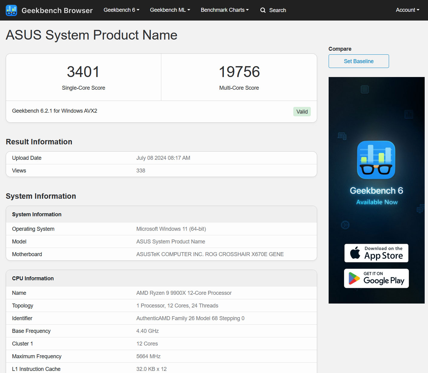 AMD Ryzen 9 9900X Geekbench 6 sonucu