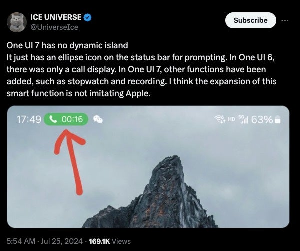 İhbarcı, Samsung One UI 7'nin iPhone'un Dynamic Island özelliğini kopyaladığı yönündeki söylentileri yalanladı