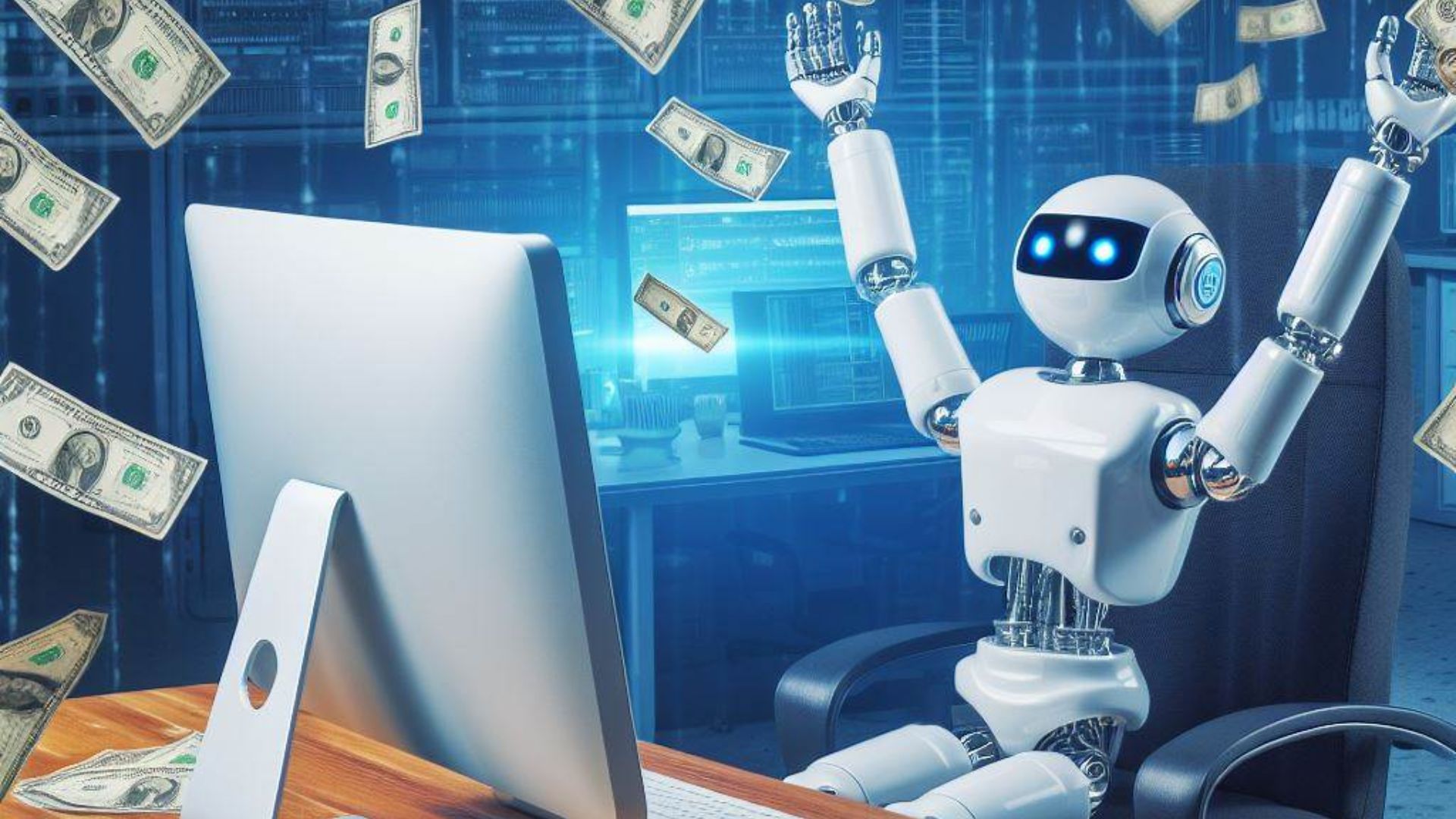 Bir robot, bilgisayarlı bir masanın üzerinde oturmuş, havaya para atıyordu