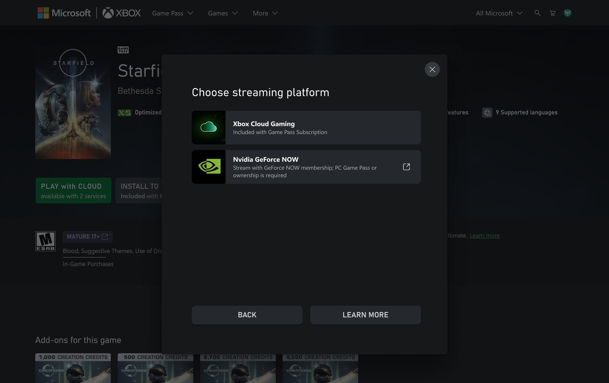 Xbox Store'daki yeni NVIDIA GeForce Now entegrasyonunun ekran görüntüsü.