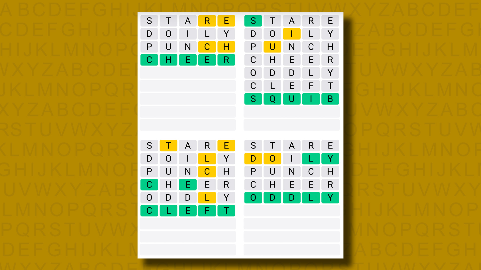Quordle, sarı bir arka planda 900. oyun için cevap veriyor