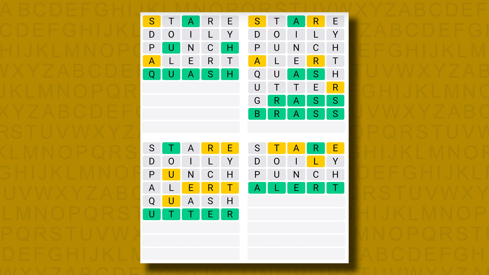 Quordle, sarı bir arka planda 903. oyun için cevap veriyor