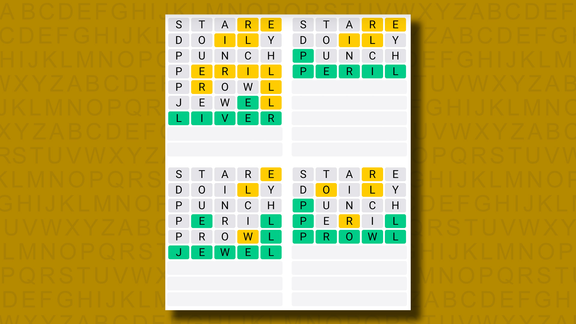 Quordle, sarı bir arka planda 909. oyun için cevap veriyor