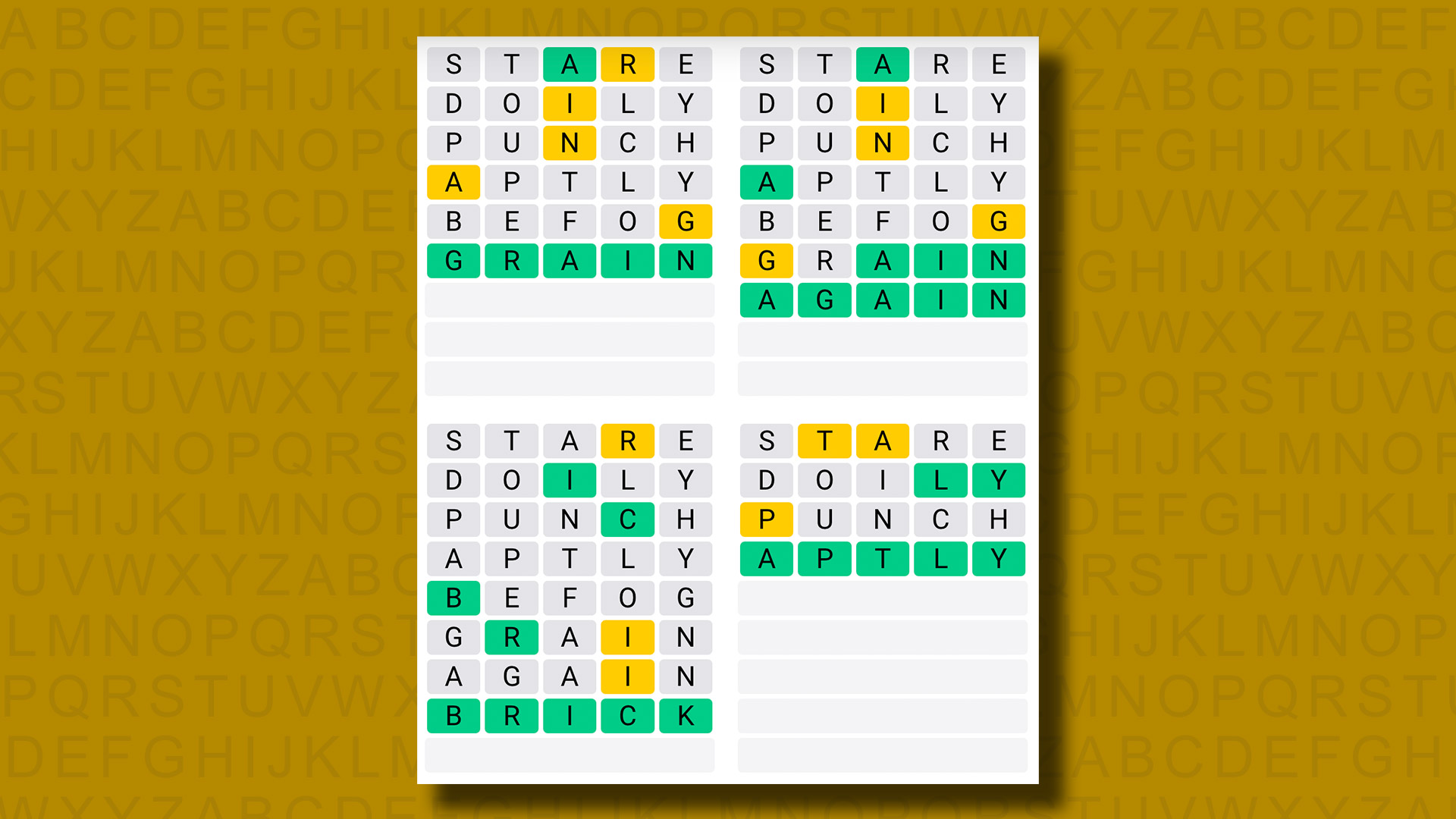 Quordle, sarı bir arka planda 910. oyun için cevap veriyor