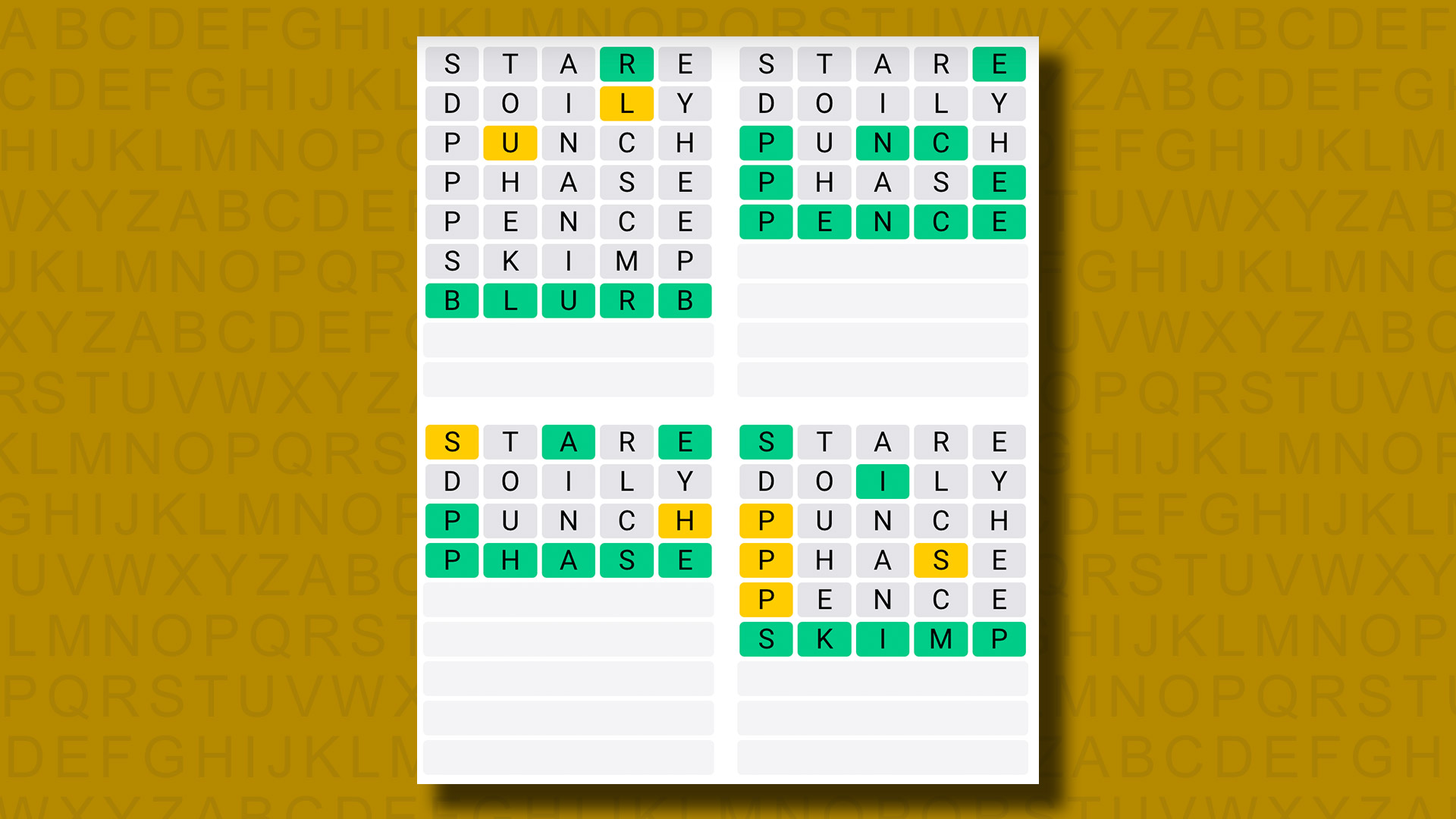 Quordle, sarı bir arka planda 913. oyun için cevap veriyor