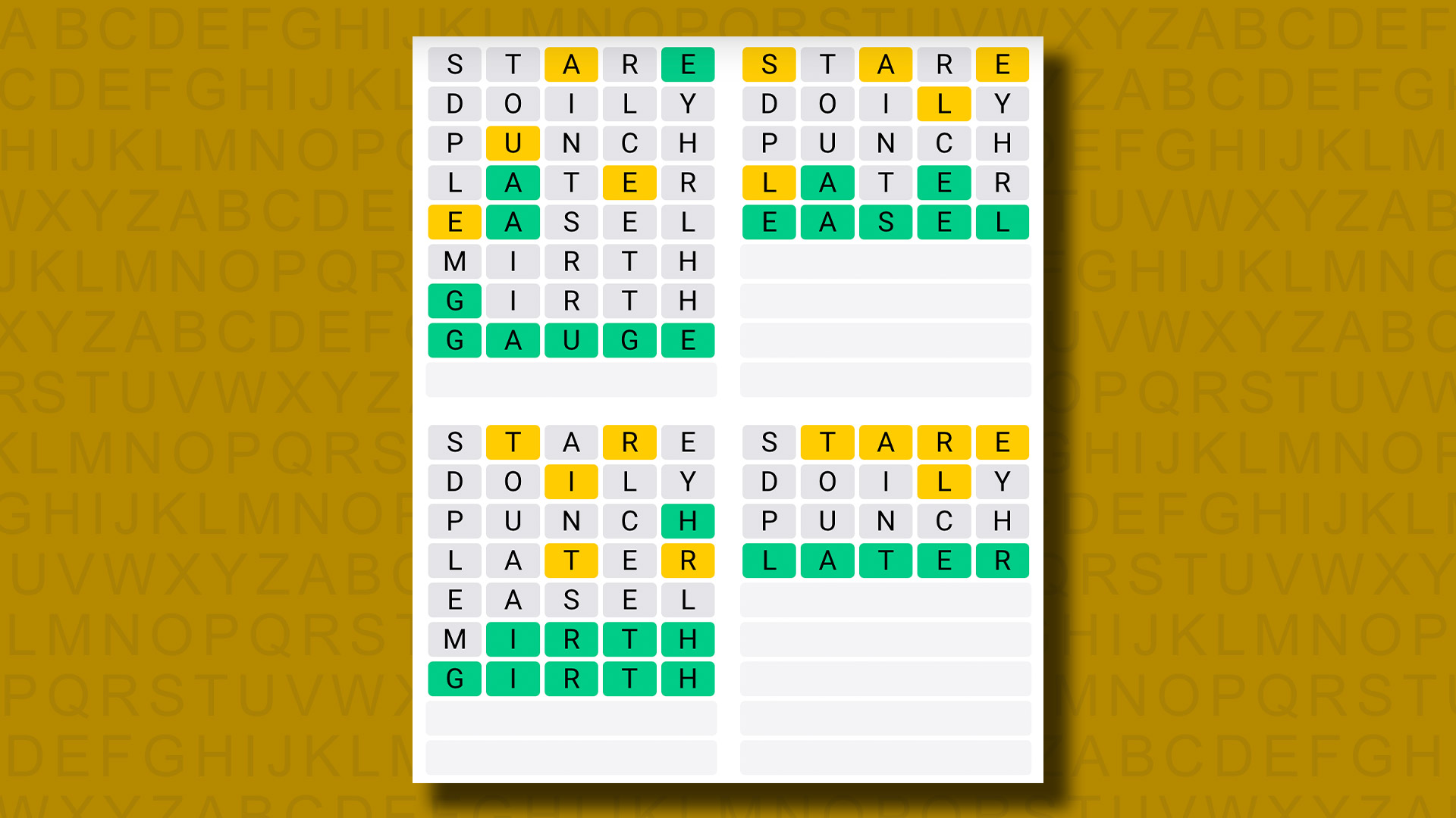 Quordle, sarı bir arka planda 916. oyun için cevap veriyor
