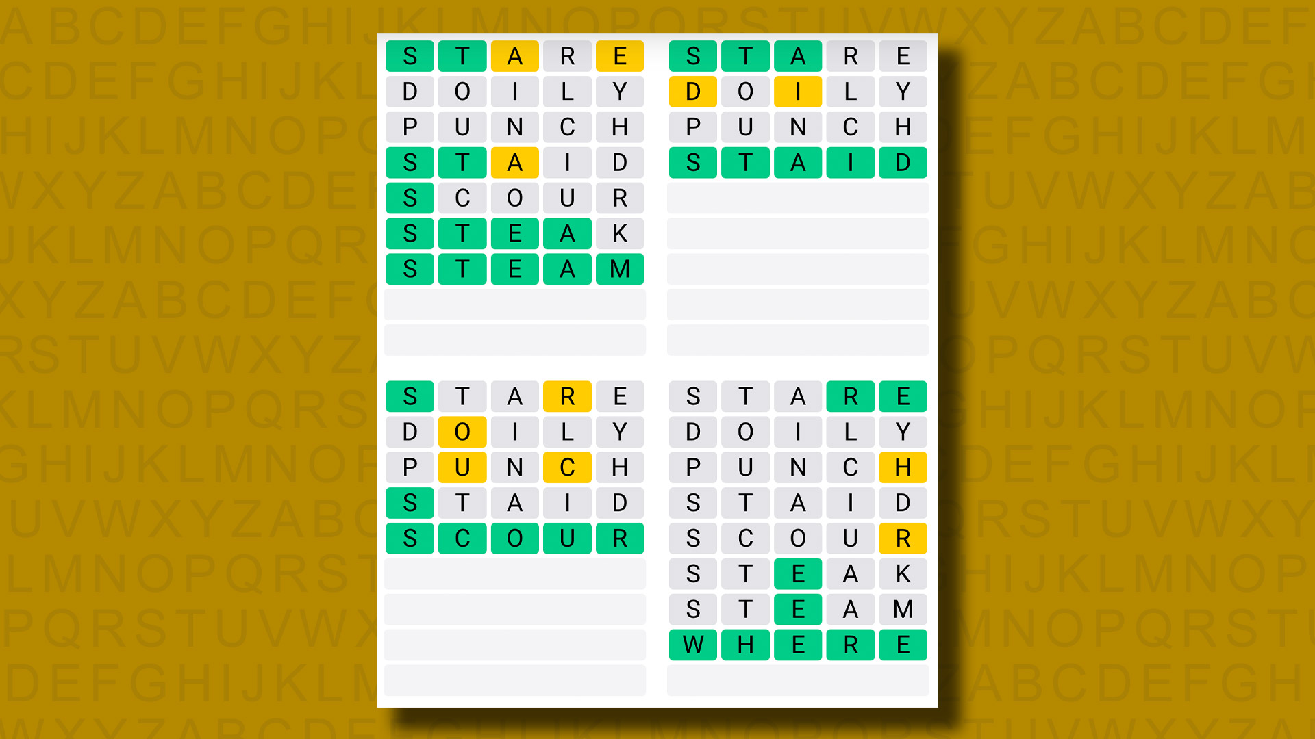 Quordle, sarı bir arka planda 895 numaralı oyun için cevap veriyor