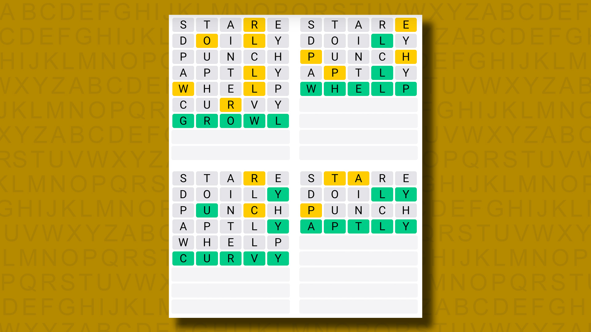 Quordle, sarı bir arka planda 901. oyun için cevap veriyor