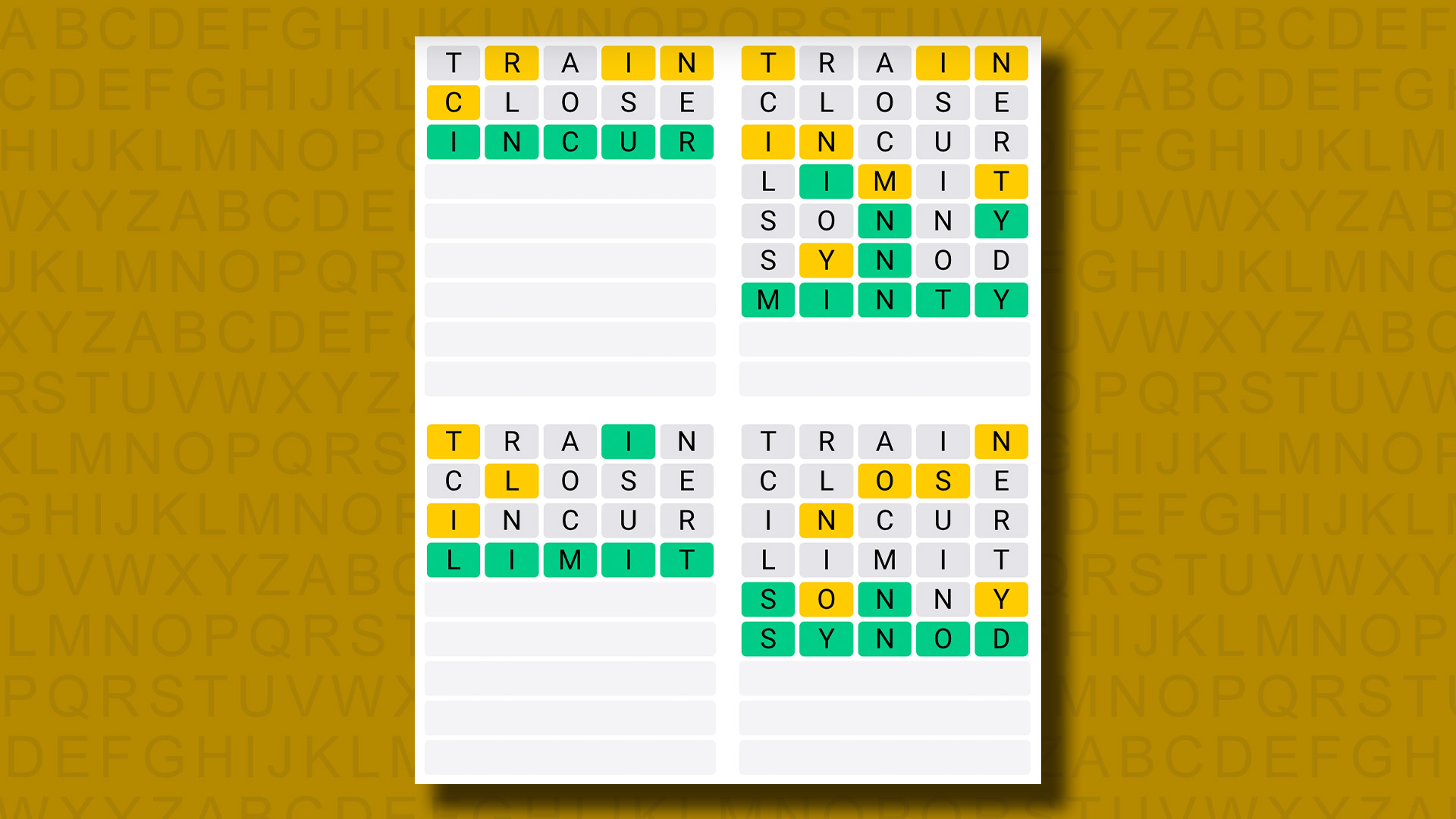Sarı arka planda 889 numaralı oyunun Quordle yanıtları