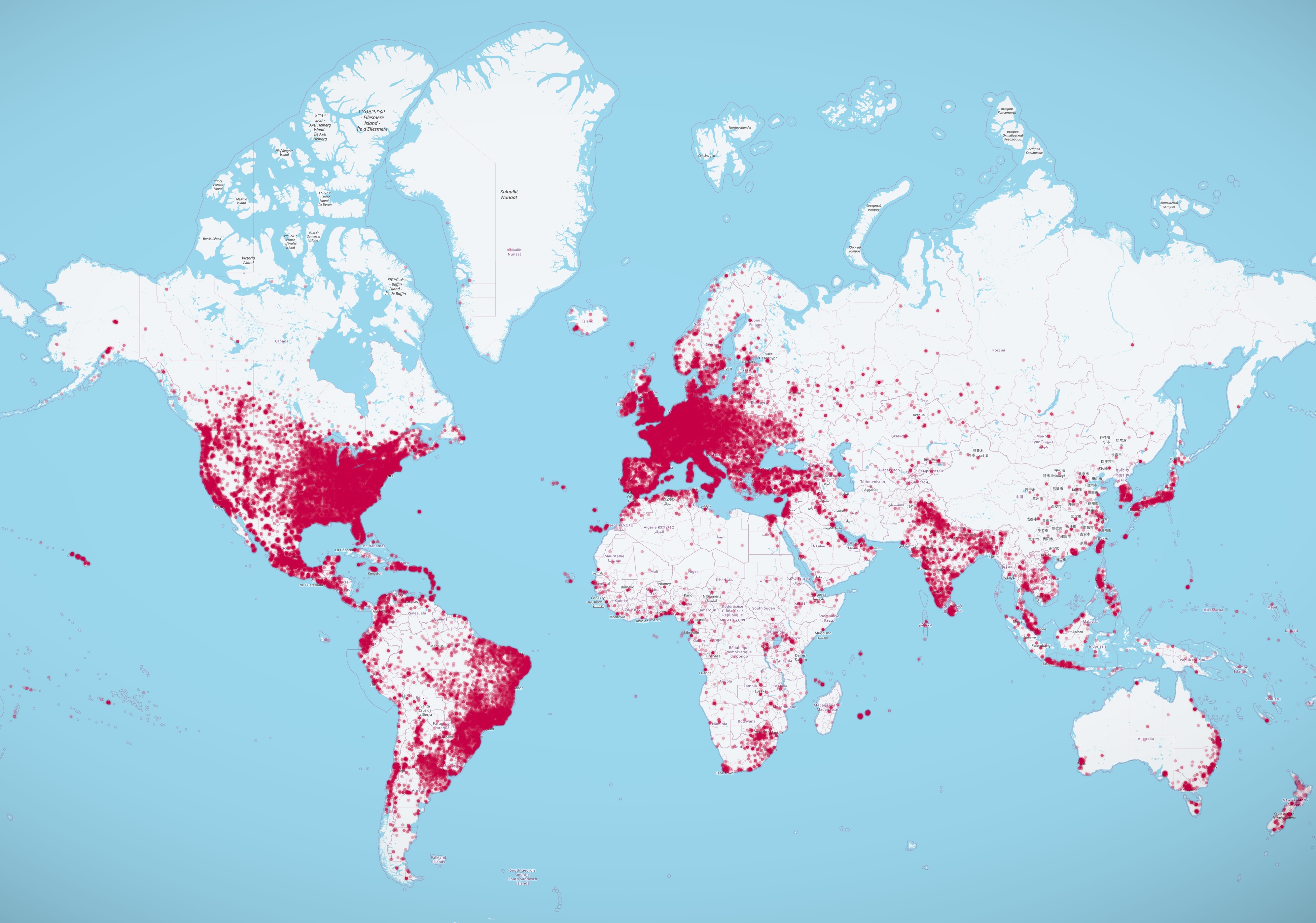 mSpy'ın Avrupa, Hindistan, Japonya, Güney Amerika, Birleşik Krallık ve ABD'deki büyük kümelenmelerle dünya genelindeki müşterilerini gösteren bir fotoğraf.
