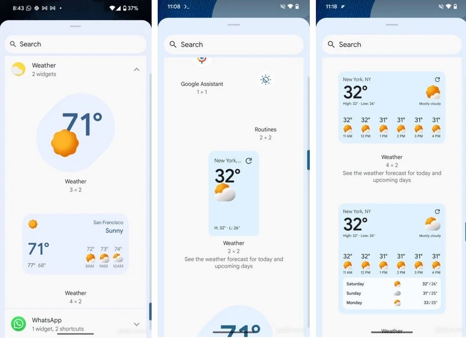 Mevcut Android hava durumu widget'ları (L) ve Google tarafından hazırlanan yeni hava durumu widget'ları (C,R). | Resim kredisi-Android Authority - Verilerle dolu üç yeni hava durumu widget'ı Android'e geliyor olabilir