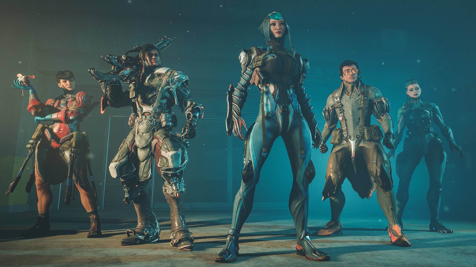 Fütüristik savaş teçhizatı giymiş bir grup siberpunk insan, loş ışıklı bir odada birlikte duruyor
