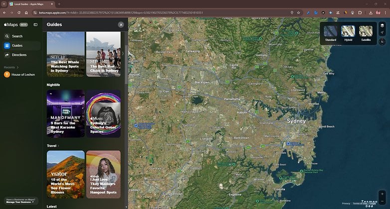 Web'deki Apple Haritalar'ın ekran görüntüsü