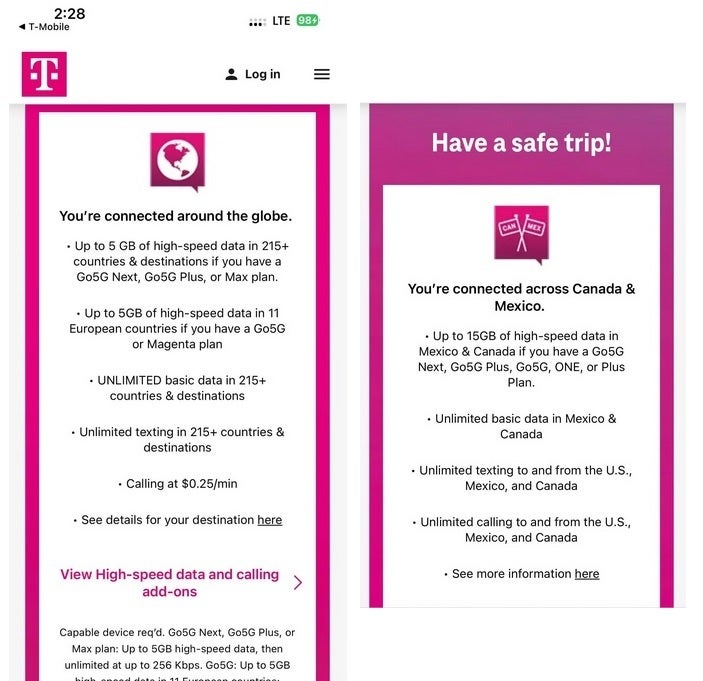 T-Mobile, bir anlık bildirim kullanarak yabancı bir ülkedeki kullanıcıları dolaşım hakkında bilgilendiriyor | Resim kredisi - Reddit - Yabancı bir ülkeye gelen T-Mobile abonesi, operatörden bir sürpriz alıyor
