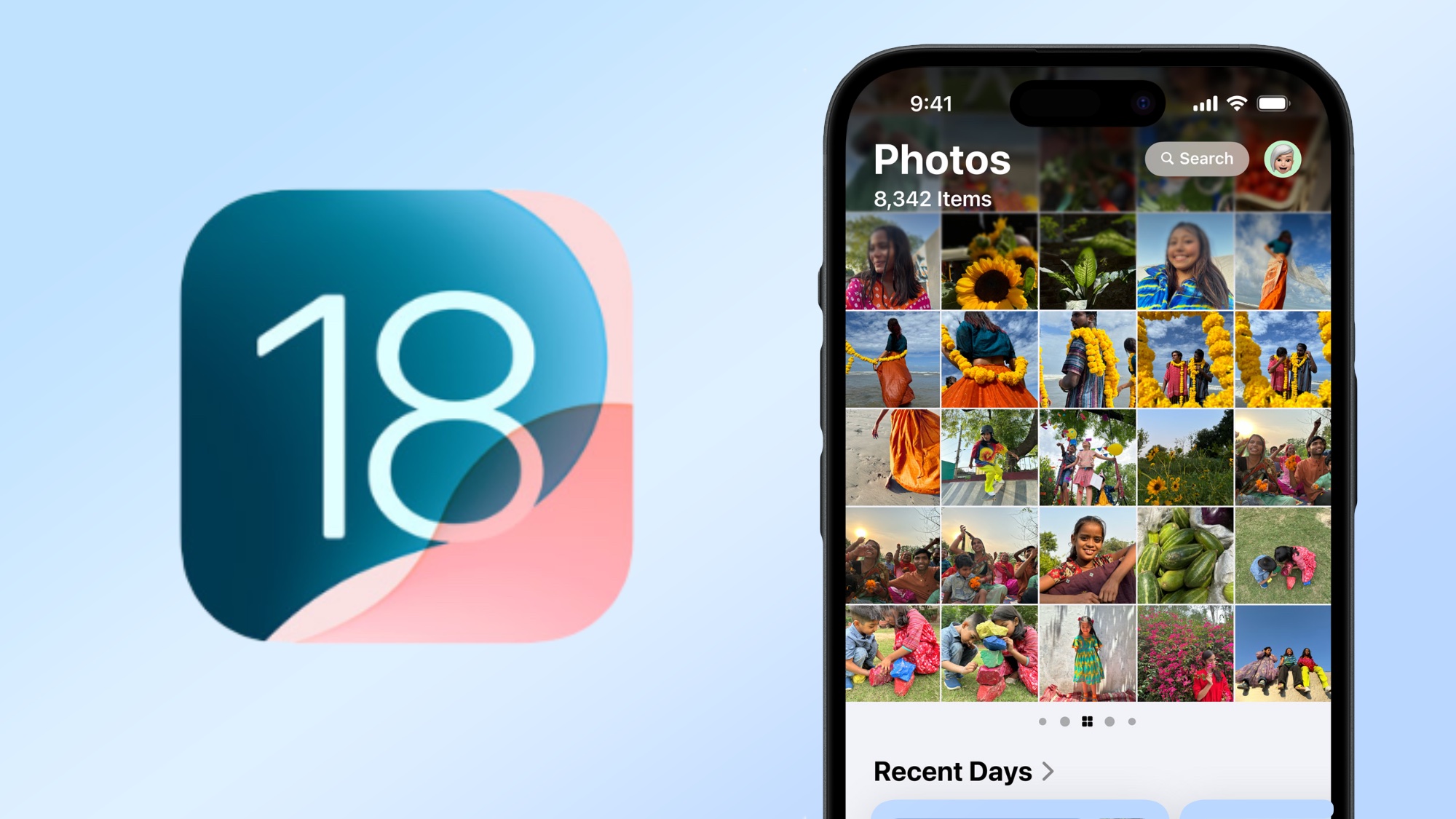 iPhone'da iOS 18 Fotoğraflar uygulamasının ekran görüntüsünün yanındaki iOS 18 logosu