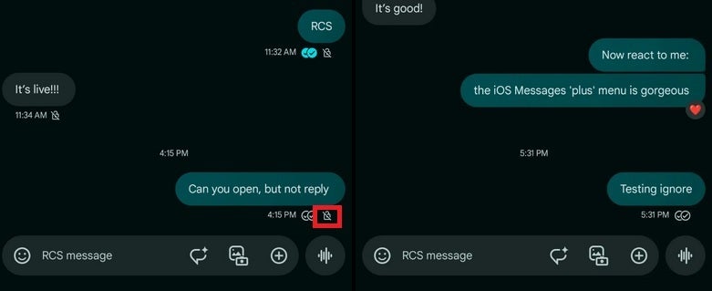 Soldaki kırmızı kutuda, sağda kaldırılan 'uçtan uca şifreleme yok' simgesi var | Resim kredisi-9to5Mac - iOS-Android RCS sohbetleri için özel Google Mesajlar simgesi kaldırıldı