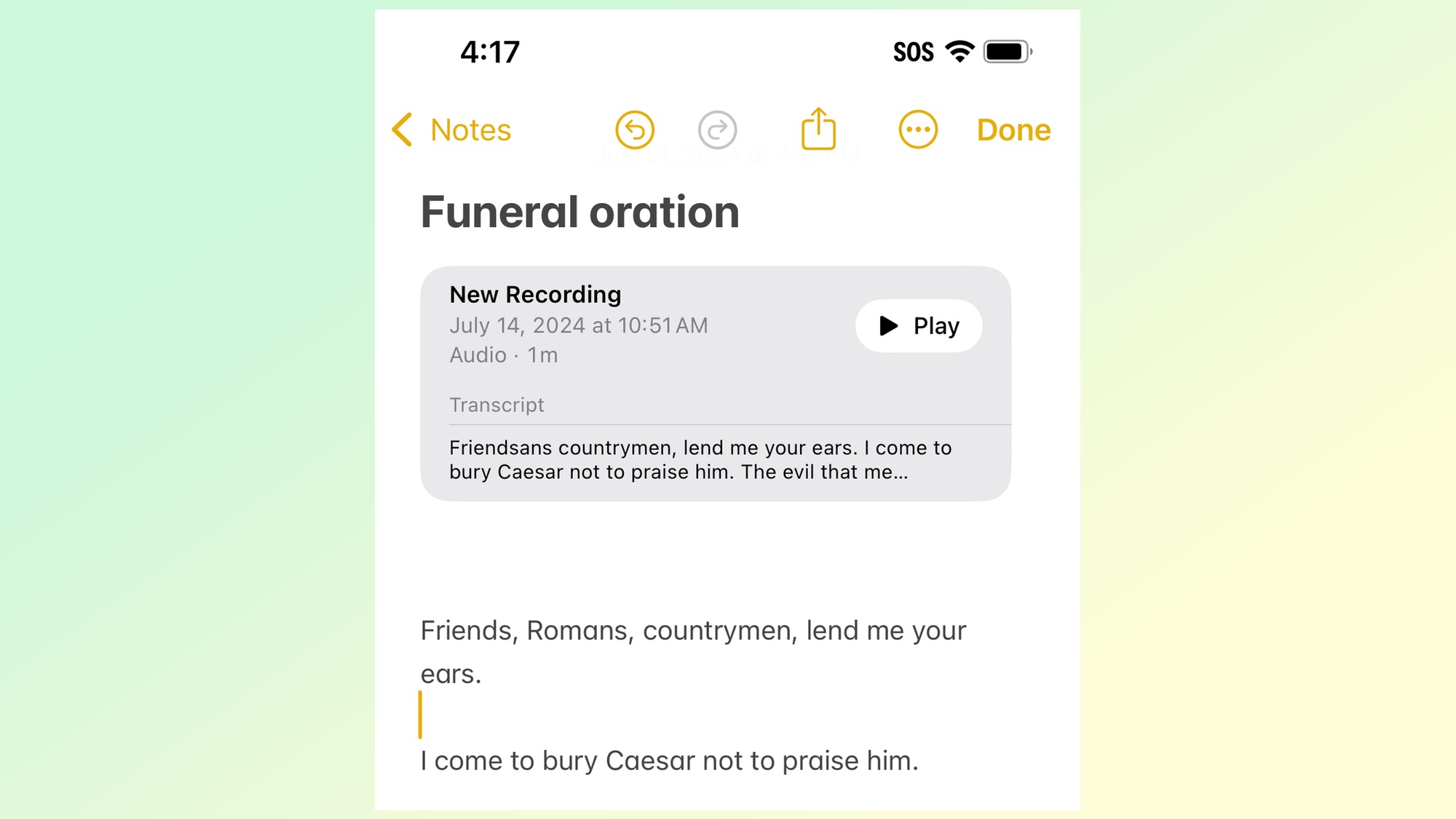 iOS 18 Notlar uygulamasında ses transkripti ve gömülü kayıt